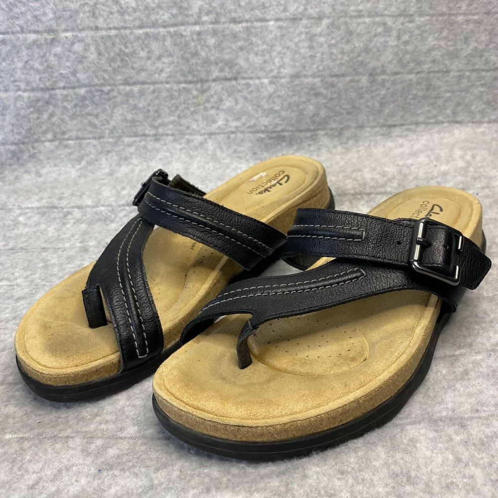 Clarks Brynn Madi Black Leather Comfort Strap Sandals Women's Size 10 M